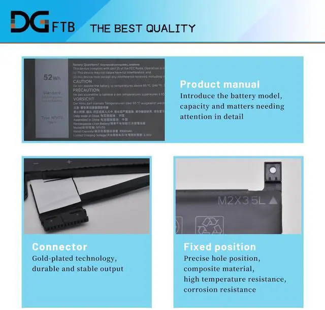 Alt view image 2 of 5 - DGFTB N7HT0 New Laptop Battery for Dell Latitude 9510 9520 / Latitude 9520 2-in-1 Series TVKGH V5K68 N2NLL HYMNG 08NFC7 N2NLL N7HTO 0PKW00 089GNG 0HYMNG (7.6V 52Wh/6500mAh/4-Cells)