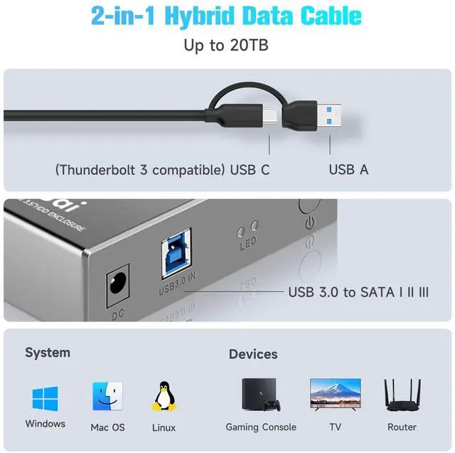 Alt view image 3 of 5 - ikuai Hard Drive Enclosure 3.5" Aluminum USB 3.0 / USB C to SATA Hard Drive Dock Case for 3.5 inch Internal HDD & SSD up to 20TB