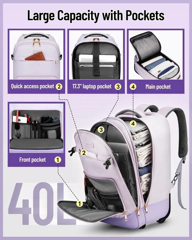 Alt view image 4 of 5 - DEEGO Rolling Backpack for Women, 17.3 inch Travel Laptop Backpack with wheels for Business Commute, Water Resistant 40L Large Capacity Roller Carry-on Luggage With Toiletry Bag, Suitcase for Adults