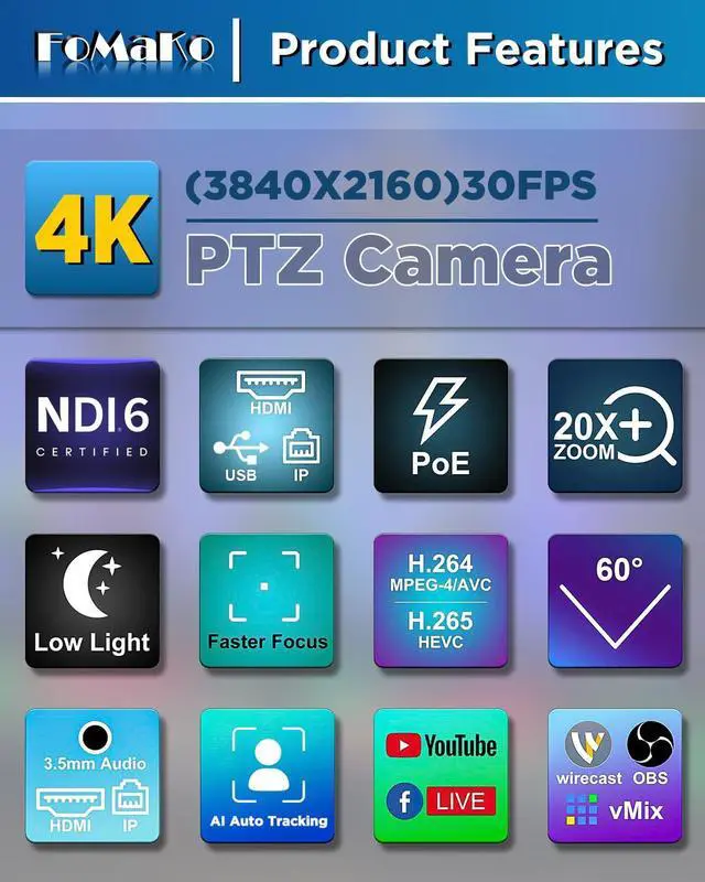 Alt view image 4 of 5 - FoMaKo 4K PTZ Camera HDMI NDI AI Auto-Tracking Gen 3, 20X Optical Zoom, PTZ Camera 4K for Church Worship,(Support NDI 6 & NDI HX3) K20UH NDI Version,Black