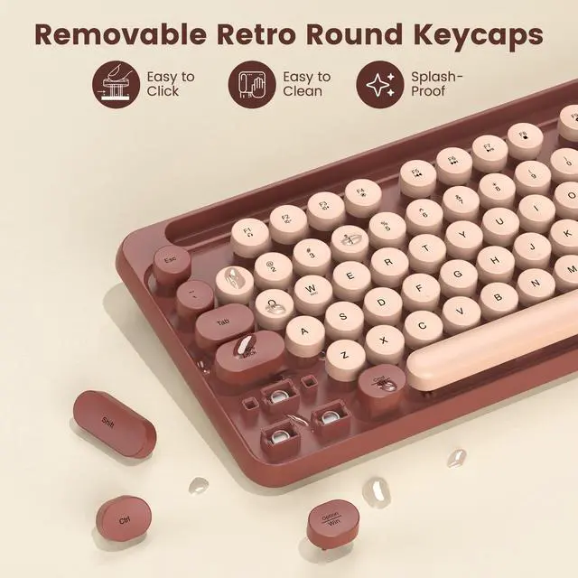 Alt view image 4 of 5 - Wireless Keyboard and Mouse Combo, Retro Round Keycaps, Full-Size Stylish Typewriter Keyboard with Phone/Tablet Holder, Ergonomic Mouse with 3-Level DPI, 2.4GHz Connection for Windows/PC (Burgundy)