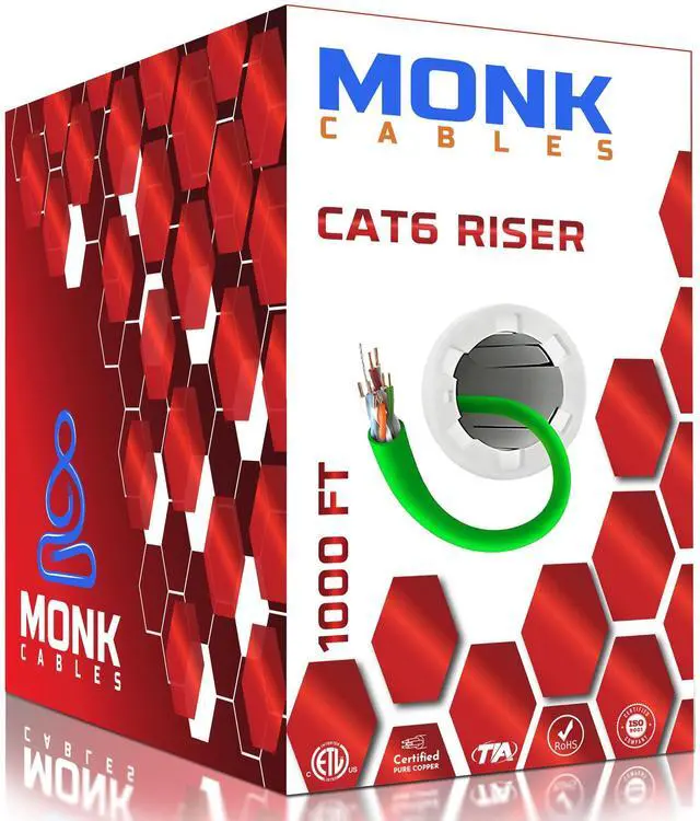 Main image of MONK CABLES | CAT6 Riser Cable 1000ft | 100% Pure Copper | ETL Listed | UTP, 23AWG, 550MHz | DSX-8000 Certified | Stable & Remarkable Performance (Green)