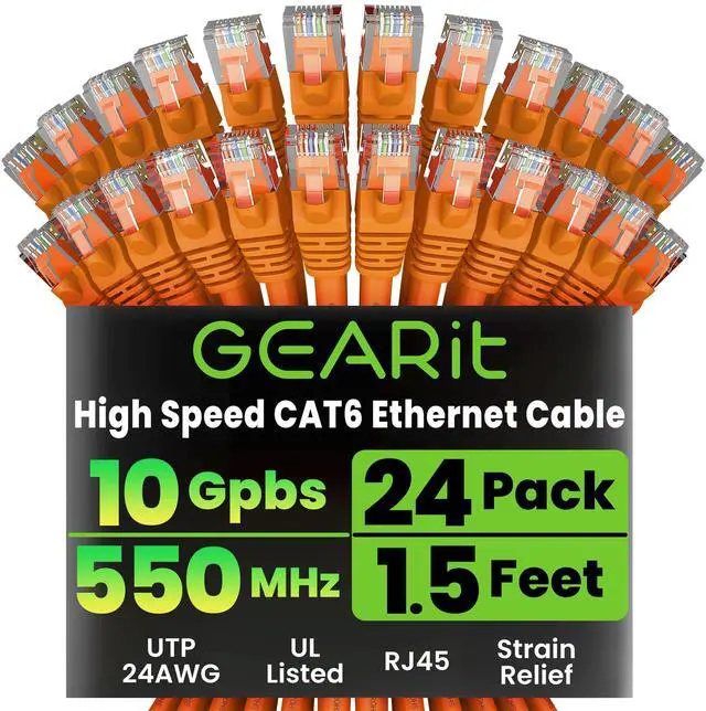 Main image of GearIT Cat 6 Ethernet Cable (24-Pack 1.5 Feet) Cat6 Network Patch, 10Gbps, RJ45, Snagless Cord, Gold-Plated Connectors, Internet for PC, TV, Tablet, Router, Printer, Servers, IT Data Center - Orange