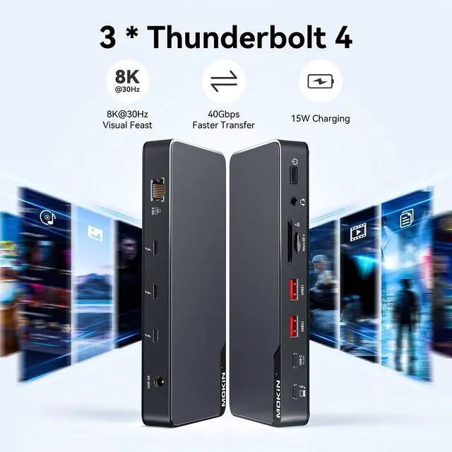 Alt view image 5 of 5 - MOKiN Thunderbolt 4 Dock, Laptop Docking Station Dual Monitor, 8k@30hz Hdmi, 3*TB4 Ports 40Gb/s, USB-A/C, 2.5GbE Ethernet, Audio, SD, 85w Power for MacBook,Dell,Lenovo(Thunderbolt Certified)