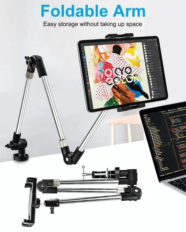 Alt view image 2 of 5 - woleyi Adjustable Tablet Mount Holder, 35" Desk/Bed Clamp Phone iPad Stand with Foldable 360° Swivel Arm for iPad Pro 12.9 Air Mini, iPhone, Galaxy Tabs, Nintendo Switch, 4-13" Cell Phones and Tablets