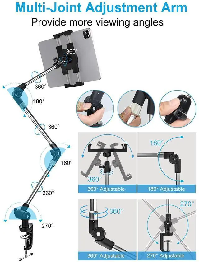 Alt view image 3 of 5 - woleyi Adjustable Tablet Mount Holder, 35" Desk/Bed Clamp Phone iPad Stand with Foldable 360° Swivel Arm for iPad Pro 12.9 Air Mini, iPhone, Galaxy Tabs, Nintendo Switch, 4-13" Cell Phones and Tablets