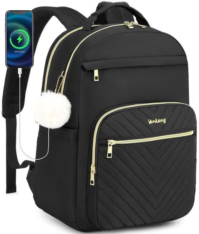 Main image of VANKANY Laptop Backpack Women, Aesthetic Highschool Backpack for Girls Cute Black Backpack for College Students Nursing Commuter Work Travel