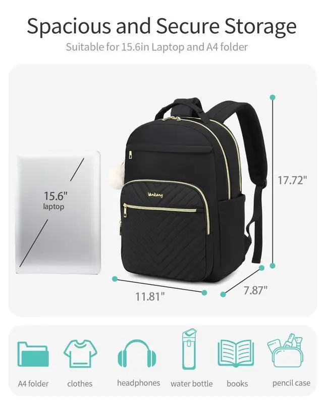 Alt view image 3 of 5 - VANKANY Laptop Backpack Women, Aesthetic Highschool Backpack for Girls Cute Black Backpack for College Students Nursing Commuter Work Travel