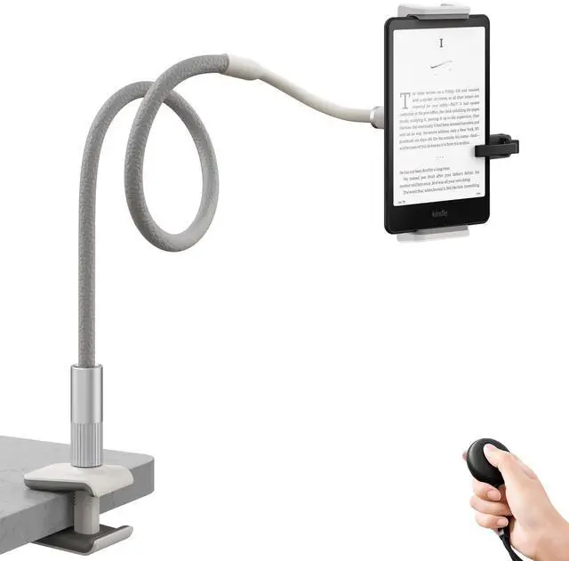 Main image of SAIJI Gooseneck Kindle Holder with Remote Page Turner, Tablet Holder for Bed, 100 cm Flexible Lazy ArmFree Hands Kindle Accessories, Leather Tablet Stand for Reading in Bed, Gray