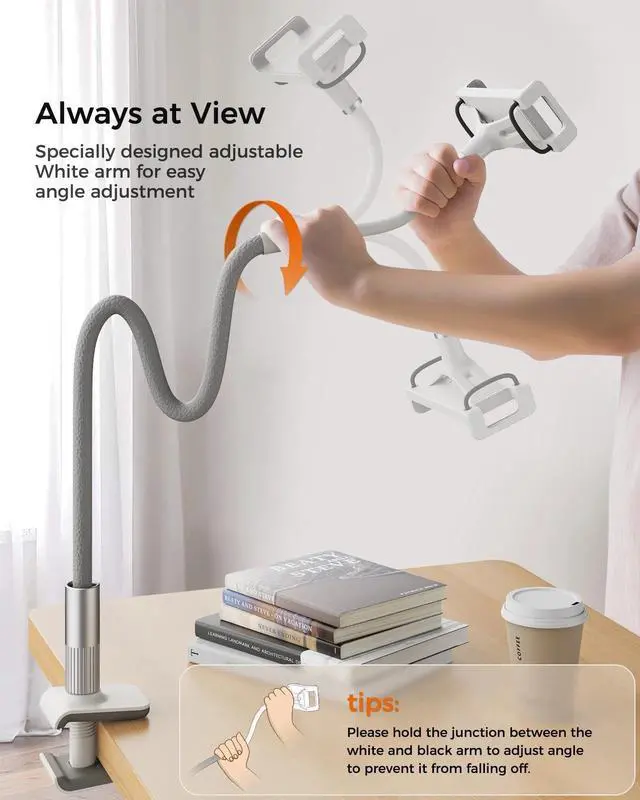 Alt view image 3 of 5 - SAIJI Gooseneck Kindle Holder with Remote Page Turner, Tablet Holder for Bed, 100 cm Flexible Lazy ArmFree Hands Kindle Accessories, Leather Tablet Stand for Reading in Bed, Gray