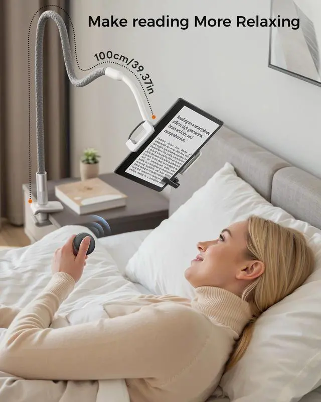 Alt view image 4 of 5 - SAIJI Gooseneck Kindle Holder with Remote Page Turner, Tablet Holder for Bed, 100 cm Flexible Lazy ArmFree Hands Kindle Accessories, Leather Tablet Stand for Reading in Bed, Gray