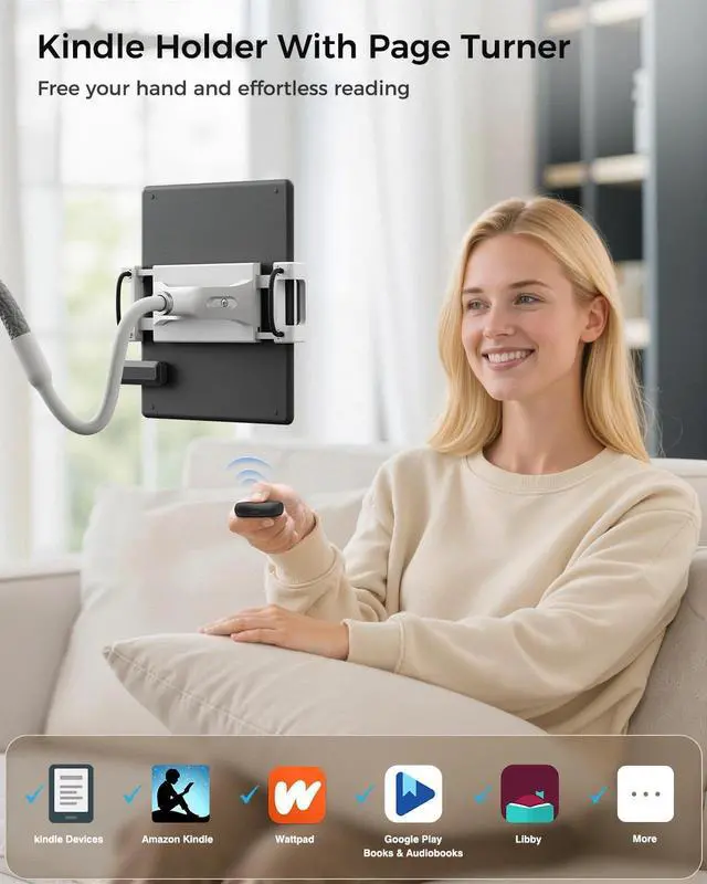 Alt view image 2 of 5 - SAIJI Gooseneck Kindle Holder with Remote Page Turner, Tablet Holder for Bed, 100 cm Flexible Lazy ArmFree Hands Kindle Accessories, Leather Tablet Stand for Reading in Bed, Gray