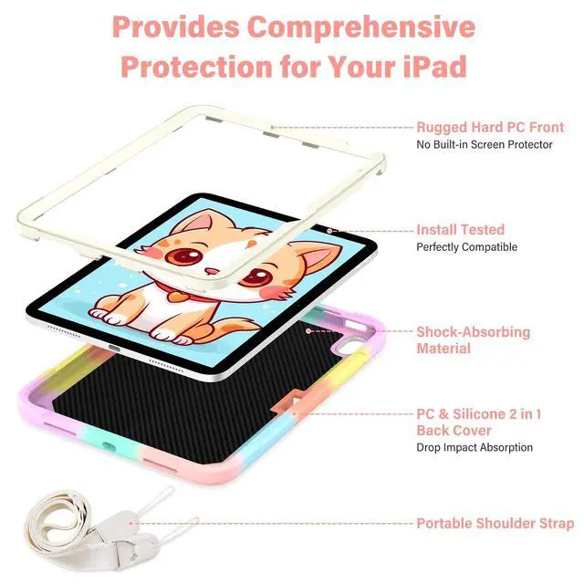 Alt view image 4 of 5 - AOKOZZY Case for iPad (A16) 11th Generation 11 Inch (2025) iPad 10th Generation 10.9 Inch (2022),Full-Body Drop Protection i Pad Case 10th Gen with Cat Stand and Pencil Holder Shoulder Strap-Colorful