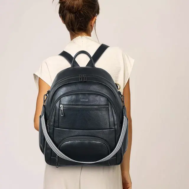 Alt view image 2 of 5 - Leresas 35L Backpack Purse for Women Men Large Travel Backpack for Work College Laptop Back Pack Vegan Leather Fashion Black