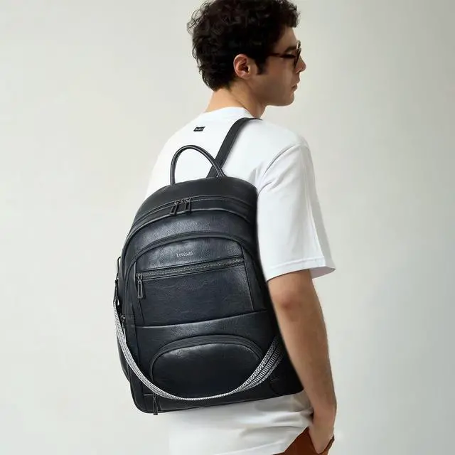 Alt view image 3 of 5 - Leresas 35L Backpack Purse for Women Men Large Travel Backpack for Work College Laptop Back Pack Vegan Leather Fashion Black