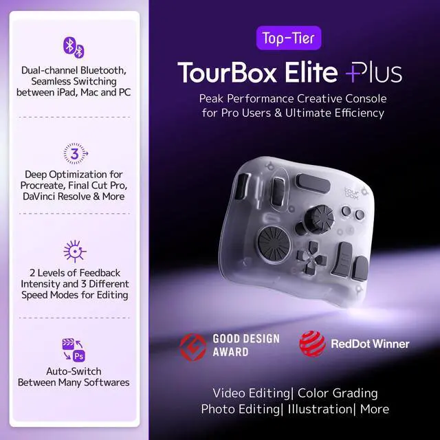 Alt view image 2 of 5 - TOUR BOX Elite Plus - iPad Drawing Bluetooth Controller, Video Editing Photo Color Grading Speed Editor, Programmable Keyboard for DaVinci Procreate Adobe Softwares and More, Creative Console Set