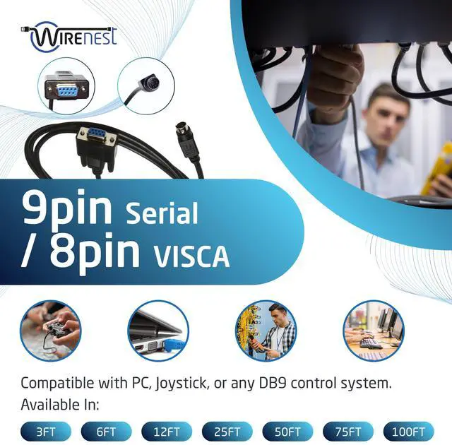Alt view image 3 of 5 - Wirenest 50ft VISCA PTZ Camera Control Cable for Sony EVI/BRC/SRG Series RS232 8 Pin Mini DIN to DB9F Serial