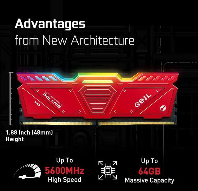 Alt view image 2 of 5 - GeIL Polaris RGB DDR5 RAM, 32GB (16GBx2) 5600MHz 1.25V,Intel/AMD Compatible, Long DIMM High Speed Desktop Memory, Hardcore Immersive Gaming/Multimedia Content Creation/Quality Live Streaming(Red)