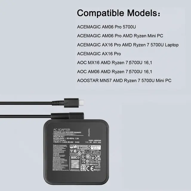 Alt view image 3 of 5 - 19V 65W USB-C Charger Power Supply Compatible with ACEMAGIC AM06 Pro AX16 Pro KAIGERR AX16 Pro AOC MX16 AM06 AOOSTAR MN57 AMD Ryzen 7 5700U 5825U NAIKLULU AM02 NY-08 NY-09