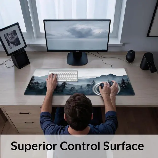 Alt view image 4 of 5 - Misty Mountain Forest Mouse Pad, Foggy Mountainous Forest Mousepad - Large Non - Slip Desk Mat for Office, PC & Laptop - 31.5"x11.8" x 3mm