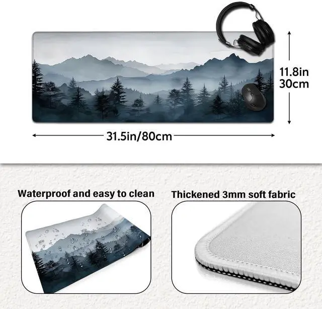 Alt view image 3 of 5 - Misty Mountain Forest Mouse Pad, Foggy Mountainous Forest Mousepad - Large Non - Slip Desk Mat for Office, PC & Laptop - 31.5"x11.8" x 3mm