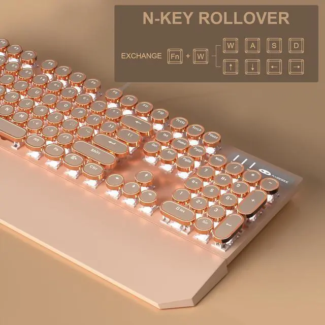 Alt view image 2 of 5 - MageGee Typewriter Mechanical Gaming Keyboard, Retro Punk Creamy Round Keycaps, 104 Keys LED White Backlit Wired Keyboards for Laptop MAC PC Gamer, with Magnetic Wrist Rest, Blue Switch