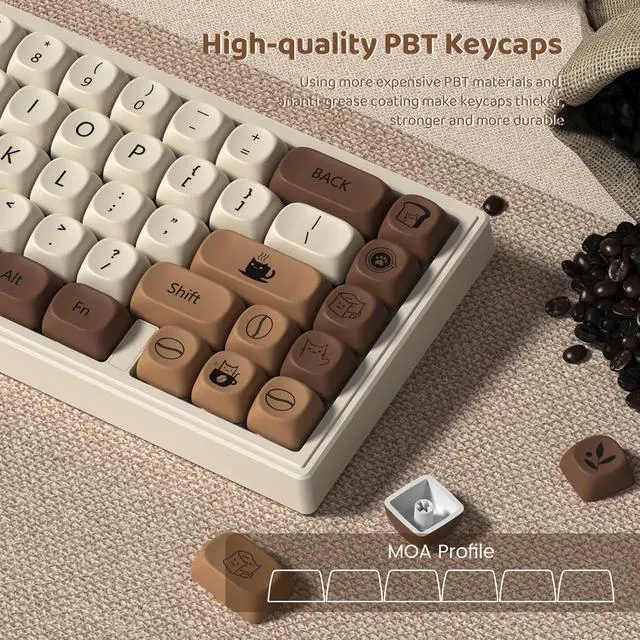 Alt view image 2 of 5 - dagaladoo Cute Brown PBT Keycap Set,Coffee cat MOA Profile Keycaps 60 75 100 Percent,Dye-Sub 134-key Custom Keyboard Keycap for 100% 75% 65% 60% TKL US Layout Mechanical Keyboard