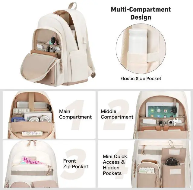 Alt view image 2 of 5 - School Laptop Backpack for Girls Boys: Casual Middle High School Backpacks 15.6 Inch College Bookbag with USB Charging Port Waterproof Travel Back Pack Cute Work Book Bag for Teens Students Women Men