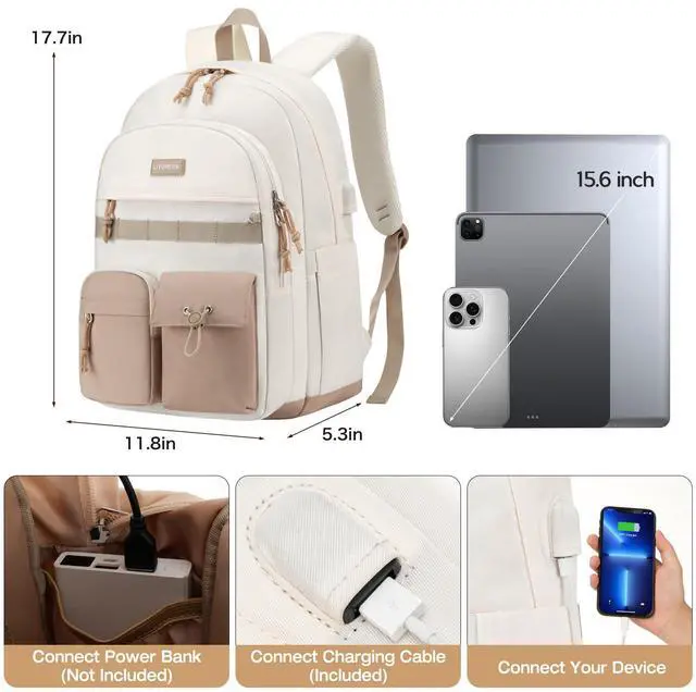 Alt view image 3 of 5 - School Laptop Backpack for Girls Boys: Casual Middle High School Backpacks 15.6 Inch College Bookbag with USB Charging Port Waterproof Travel Back Pack Cute Work Book Bag for Teens Students Women Men