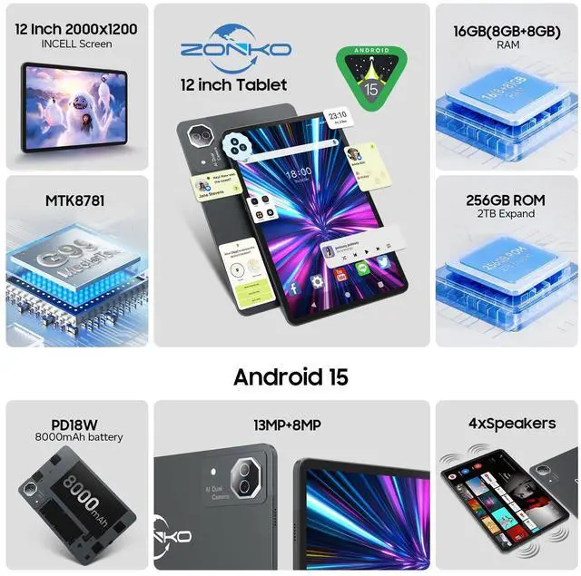 Alt view image 2 of 5 - Tablet 12 inch Large Screen, Android 15 Tablet 16GB RAM 256GB ROM, 2K 2000x1200 Incell Widevine L1 Display, Gaming Tablets with Helio G99 Octa-core, 8000mAh 18W Fast Charge Tablets, AI Support, GPS