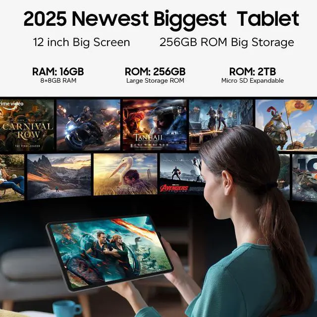 Alt view image 3 of 5 - Tablet 12 inch Large Screen, Android 15 Tablet 16GB RAM 256GB ROM, 2K 2000x1200 Incell Widevine L1 Display, Gaming Tablets with Helio G99 Octa-core, 8000mAh 18W Fast Charge Tablets, AI Support, GPS