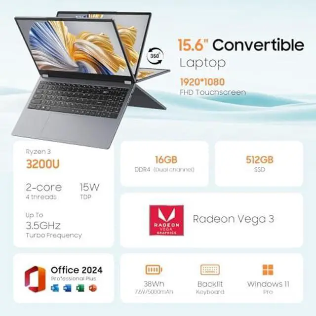 Alt view image 2 of 5 - EYY 2 in 1 Laptop Computer, 15.6" 16GB DDR4 512GB SSD Touchscreen Notebook, AMD Ryzen R3 3200U(Up to 3.5 GHz), Radeon Vega 3, 1920x1080 FHD Display, Win 11 Pro, WiFi, BT5.1 RJ45, Blacklit Keyboard
