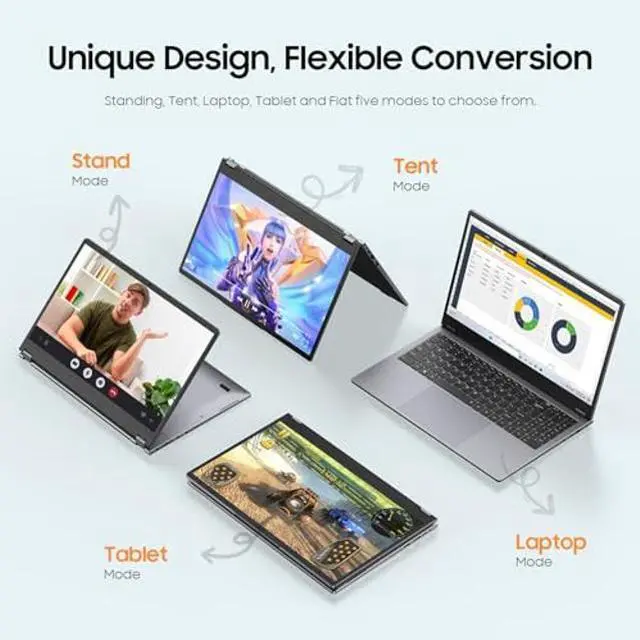 Alt view image 4 of 5 - EYY 2 in 1 Laptop Computer, 15.6" 16GB DDR4 512GB SSD Touchscreen Notebook, AMD Ryzen R3 3200U(Up to 3.5 GHz), Radeon Vega 3, 1920x1080 FHD Display, Win 11 Pro, WiFi, BT5.1 RJ45, Blacklit Keyboard