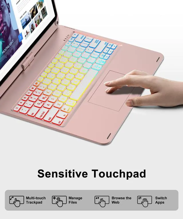 Alt view image 3 of 5 - Keyboard Case for iPad Air 13 Inch(M3/M2) & iPad Pro 13 & iPad Pro 12.9 (6th/5th /4th/3rd Gen) Case with Touch Keypad, 360 Rotatable, Rainbow Backlit, Pen Holder Folio Keyboard for Pro12.9, Rose Gold
