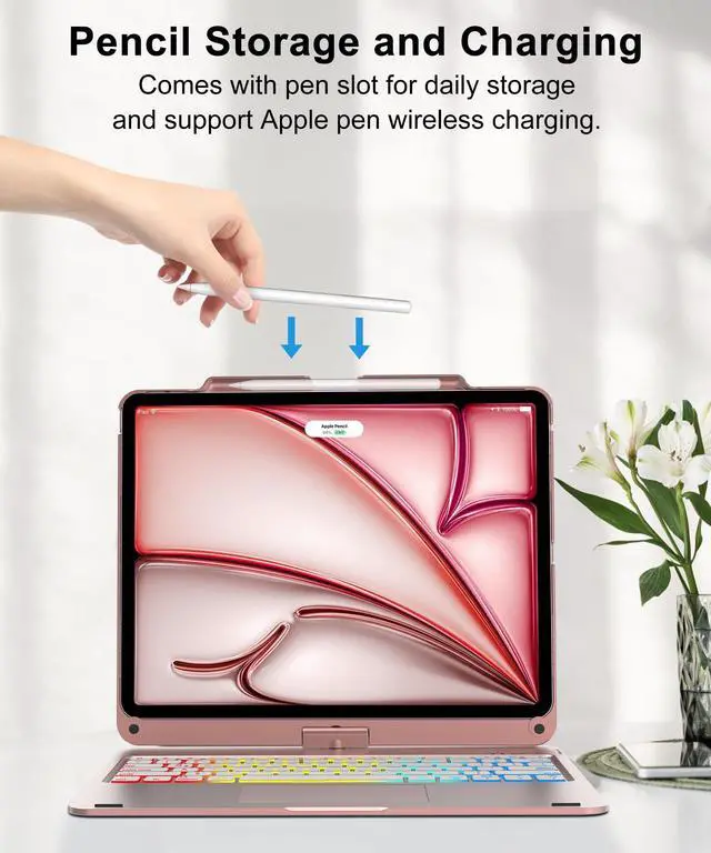 Alt view image 4 of 5 - Keyboard Case for iPad Air 13 Inch(M3/M2) & iPad Pro 13 & iPad Pro 12.9 (6th/5th /4th/3rd Gen) Case with Touch Keypad, 360 Rotatable, Rainbow Backlit, Pen Holder Folio Keyboard for Pro12.9, Rose Gold