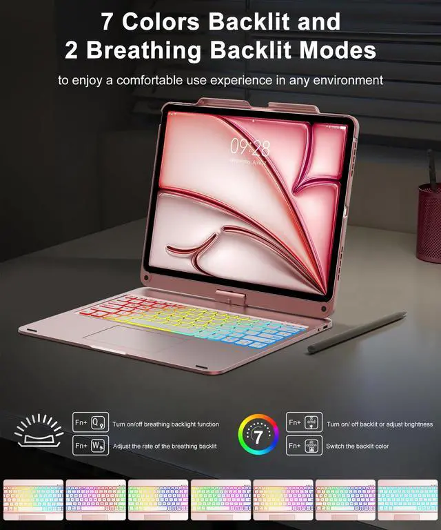 Alt view image 5 of 5 - Keyboard Case for iPad Air 13 Inch(M3/M2) & iPad Pro 13 & iPad Pro 12.9 (6th/5th /4th/3rd Gen) Case with Touch Keypad, 360 Rotatable, Rainbow Backlit, Pen Holder Folio Keyboard for Pro12.9, Rose Gold