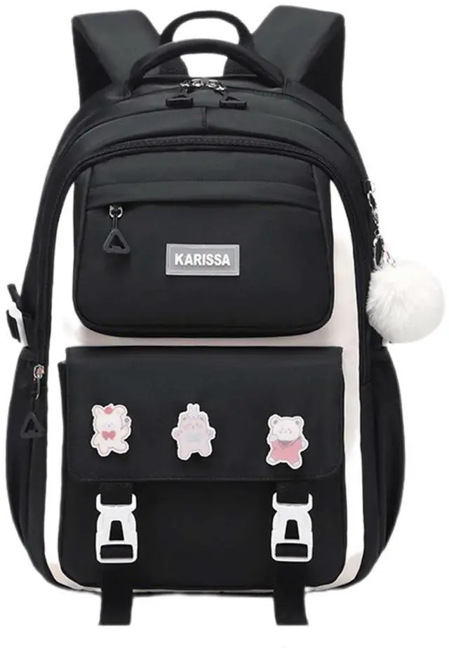 Main image of MININAI Cute Backpack for Kids Teen Girls Boys Large Kawaii Aesthetic Elementary Middle School Student Bookbag Preppy Laptop Backpack for Ages 6-8 8-10 10-12 with Pin Accessories Plush Pendant, Black