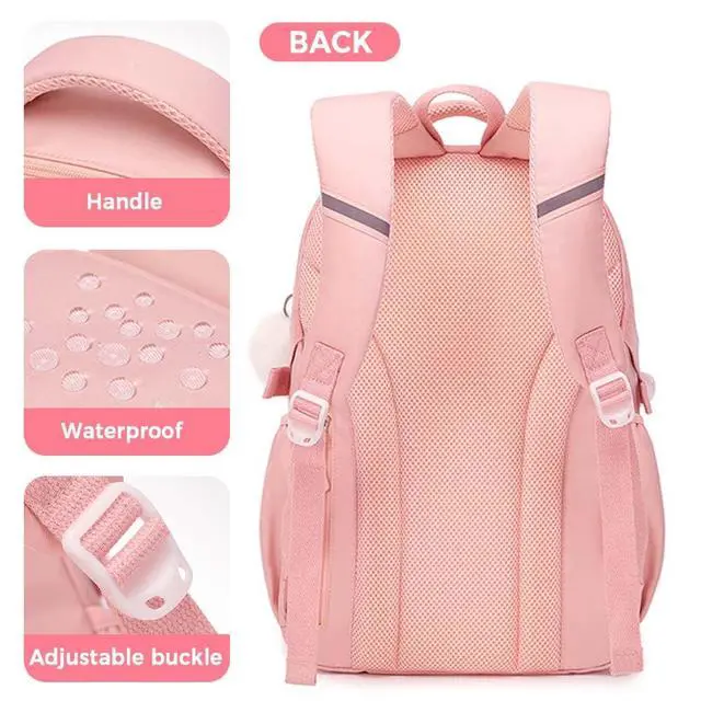 Alt view image 4 of 4 - MININAI Cute Backpack for Kids Teen Girls Boys Large Kawaii Aesthetic Elementary Middle School Student Bookbag Preppy Laptop Backpack for Ages 6-8 8-10 10-12 with Pin Accessories Plush Pendant, Black
