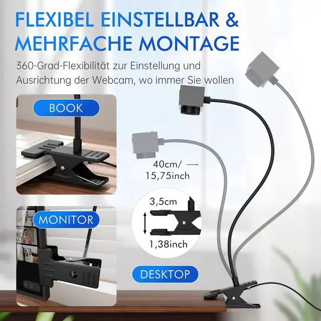 Alt view image 3 of 5 - Danyesth Eye Contact Webcam for PC,1080P Center Cam with Microphone Plug & Play Computer Camera with Adjustable Gooseneck,Middle Screen Webcam for Zoom,Video Call, Skype, Teams