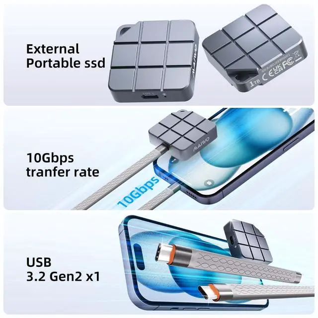 Alt view image 2 of 5 - MAIWO Portable SSD 512GB External Solid State Drive, USB 3.2 GEN 2 Type-C Up to 1050MB/s, Mini NVMe SSD with 4K ProRes Videos for iPhone iPad MacBook macMini PS5, Aluminum (Grey)