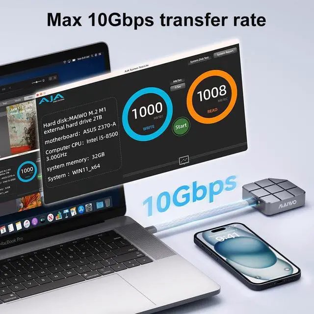 Alt view image 5 of 5 - MAIWO Portable SSD 512GB External Solid State Drive, USB 3.2 GEN 2 Type-C Up to 1050MB/s, Mini NVMe SSD with 4K ProRes Videos for iPhone iPad MacBook macMini PS5, Aluminum (Grey)