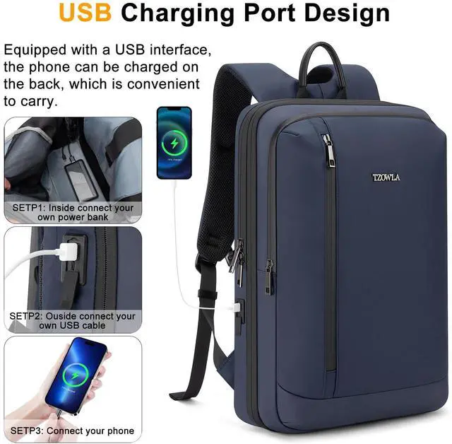 Alt view image 3 of 5 - Tzowla Business Expandable Laptop Backpack for Men Professional,Slim Waterproof Backpacks for Travel/Work/Office/College with USB/Type C Charging Port,Lightweight Bag Fit 17.3 Inch Notebook(Blue)