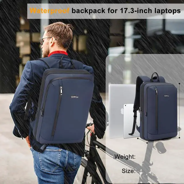 Alt view image 2 of 5 - Tzowla Business Expandable Laptop Backpack for Men Professional,Slim Waterproof Backpacks for Travel/Work/Office/College with USB/Type C Charging Port,Lightweight Bag Fit 17.3 Inch Notebook(Blue)