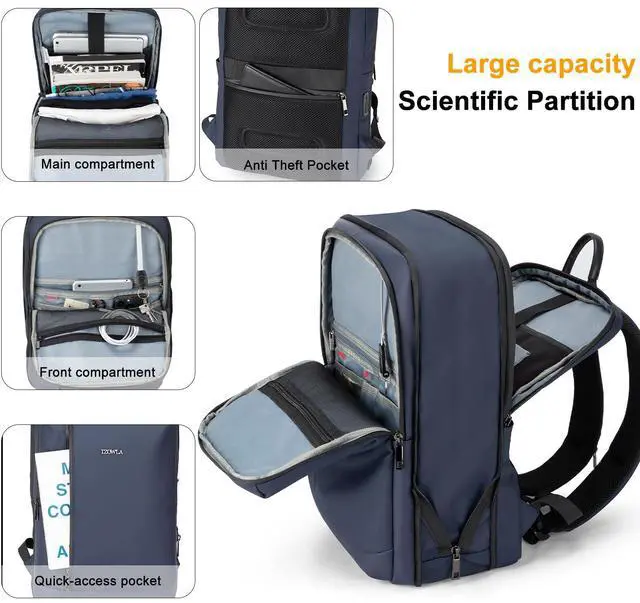Alt view image 4 of 5 - Tzowla Business Expandable Laptop Backpack for Men Professional,Slim Waterproof Backpacks for Travel/Work/Office/College with USB/Type C Charging Port,Lightweight Bag Fit 17.3 Inch Notebook(Blue)