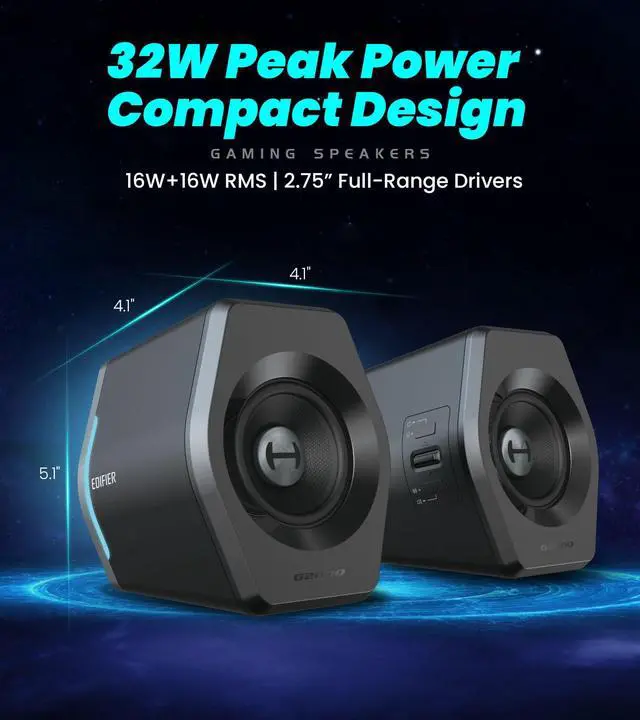 Alt view image 2 of 5 - Edifier G2000 RGB Gaming Speakers, 32W Peak Power, Compact Design for PC/PS4/Desktop, Bluetooth 5.1, 3.5mm AUX, Game/Movie/Music Modes, 12 RGB Lighting Effects - Black