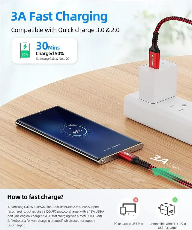 Alt view image 4 of 5 - SUNGUY 10Gbps Android Auto USB C Cable 1.5FT, 5-Pack 3A USB 3.1 Gen 2 Fast Charge & Data Transfer USB C CarPlay Cable, for iPhone 17/16/15 Pro Max, Samsung T7, Galaxy S23 S22 Ultra Note 20, SSD (Red)