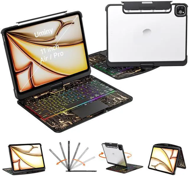 Main image of Uminy Keyboard Case for iPad 11 inch Pro 4/3/2/1st Gen & 11 iPad Air 2025 M3, 2024 M2 & 10.9" iPad Air 5th/4th Gen, 360° Rotating Stand Transparent Protective Cover with Pencil Holder (Black)