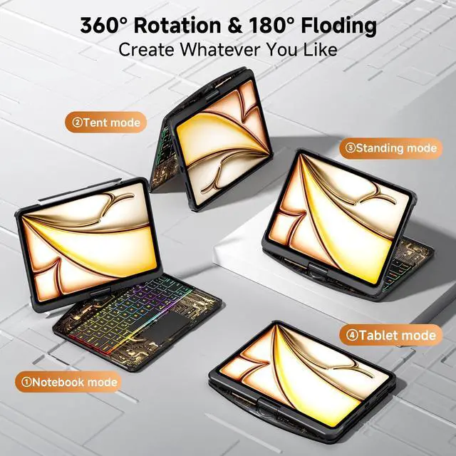 Alt view image 3 of 5 - Uminy Keyboard Case for iPad 11 inch Pro 4/3/2/1st Gen & 11 iPad Air 2025 M3, 2024 M2 & 10.9" iPad Air 5th/4th Gen, 360° Rotating Stand Transparent Protective Cover with Pencil Holder (Black)