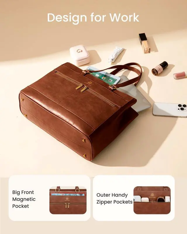 Alt view image 4 of 5 - LOVEVOOK Laptop Bag for Women,17.3 Inch Vintage Work Tote Bags for Women,Leather Teacher Bag,Large Computer Bag,Waterproof Handbags Womens Briefcase Office Messenger