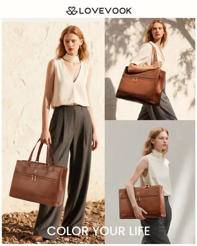 Alt view image 2 of 5 - LOVEVOOK Laptop Bag for Women,17.3 Inch Vintage Work Tote Bags for Women,Leather Teacher Bag,Large Computer Bag,Waterproof Handbags Womens Briefcase Office Messenger